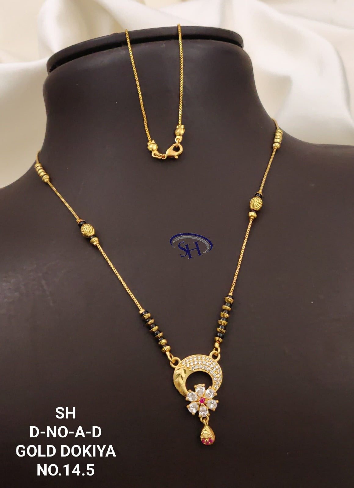 Gold Plated Mangalsutra with Floral CZ Pendant &amp;amp; Black Beads Chain